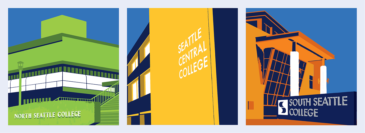 All three colleges exterior signage and school colors