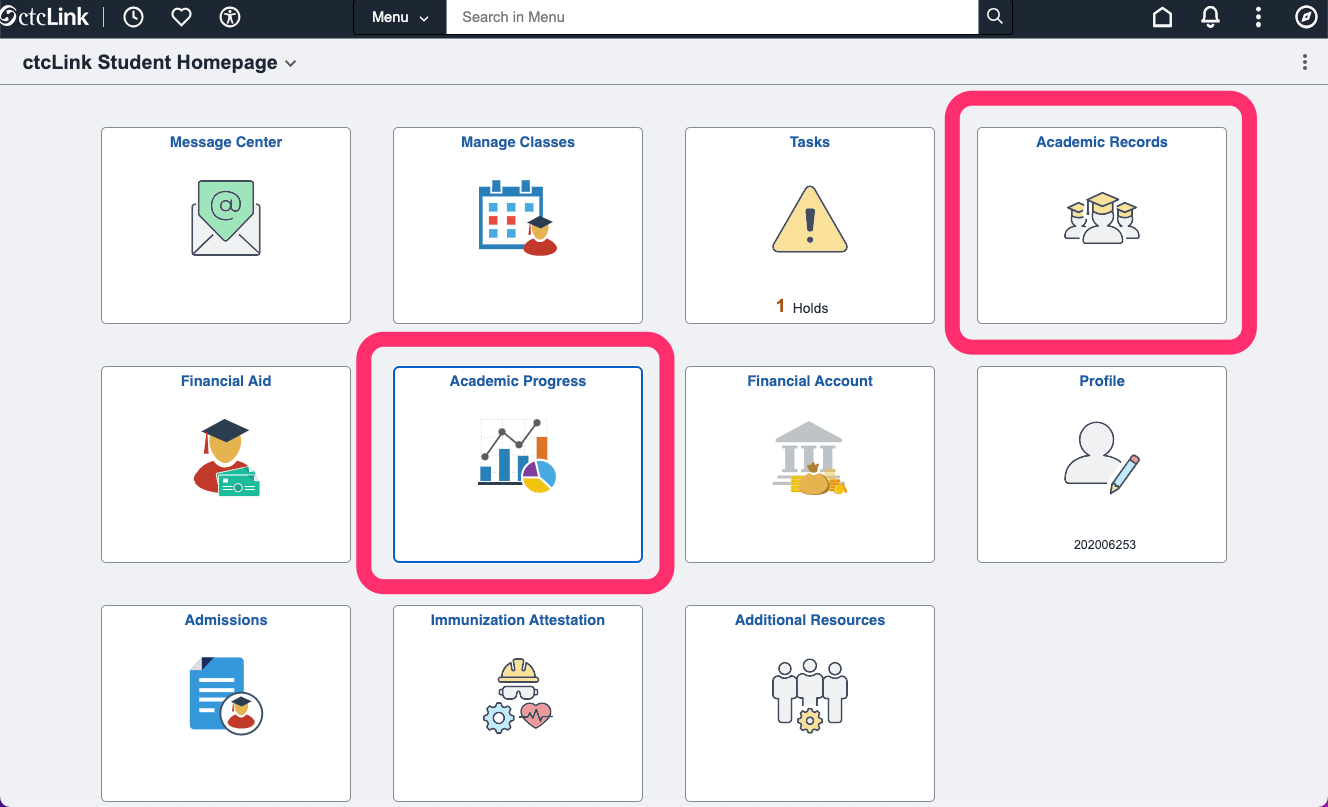 ctcLink classic Student Homepage highlighting the Academic Records and Academic Progress tiles.