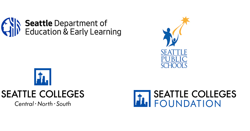 City of Seattle, Seattle Public Schools and Seattle Colleges logos - Seattle Promise partners