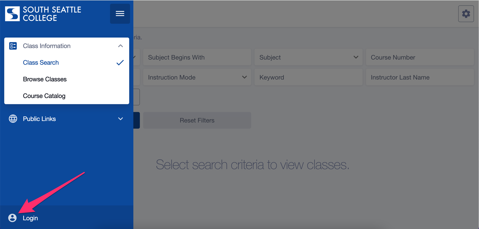 ctcLink mobile (HCX) expanded left navigation menu with pink arrow pointing to login icon.