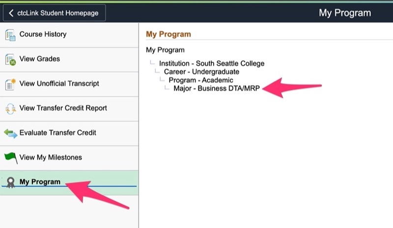 My Program page in ctcLink