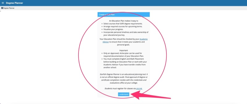 Create a New Plan page. Arrow pointing to I understand.