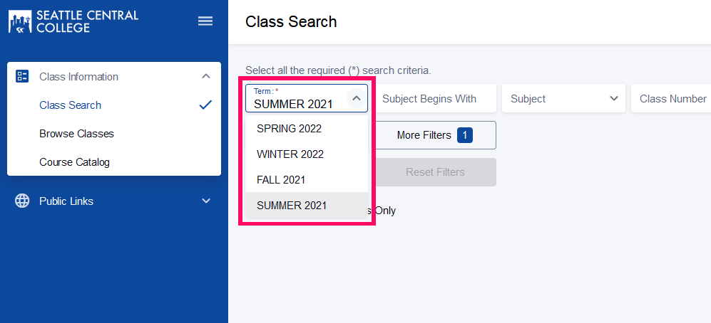 screen capture of ctcLink app where you select the academic term you want