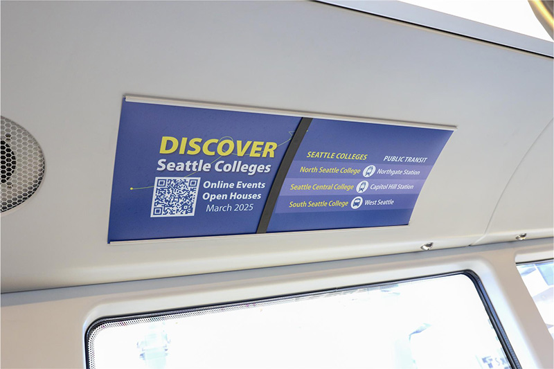 Discover Seattle Colleges overhead sign inside Sound Transit train