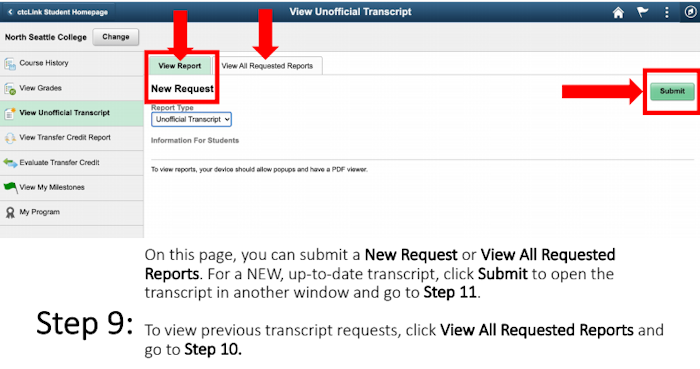 screen capture of the Request Unofficial Transcript process, Step 9