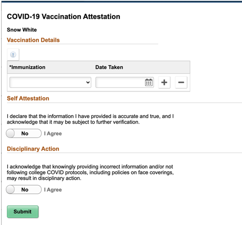 screen capture of ctcLink vax attestation "not submitted"