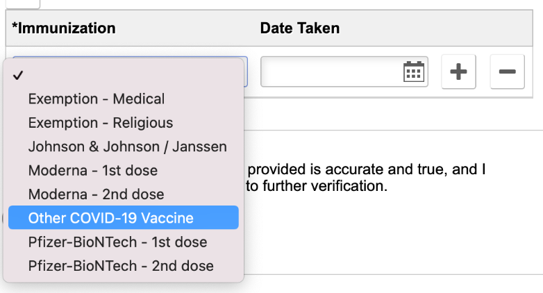 screen capture of ctcLink vax attestation "other vaccine"