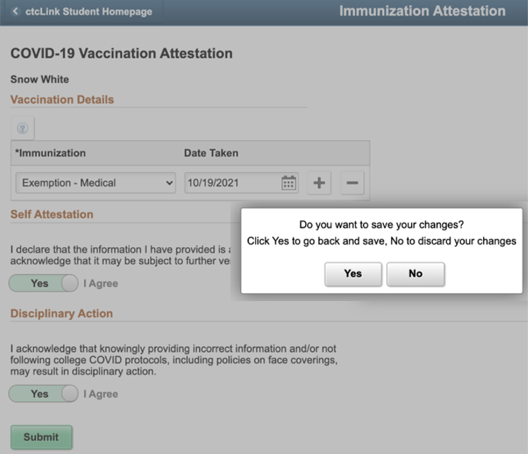 screen capture of ctcLink vax attestation "do you want to save?"