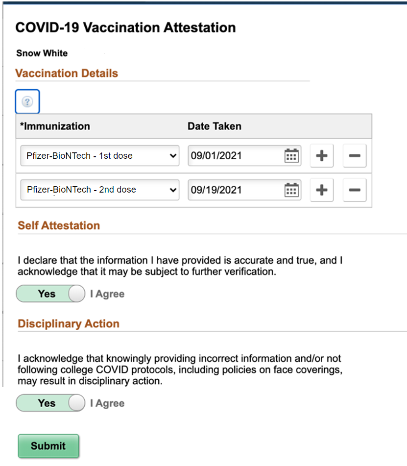 screen capture of ctcLink vax attestation "submitted"