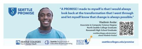 Banner ad for Seattle Promise featuring a testimonial from a Roosevelt High School graduate and Seattle Promise alumni